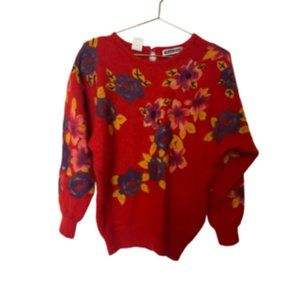 Mariea Kim Women's Red Angola Angora Wool Crewneck Floral Beaded Sweater Small